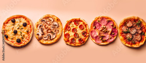 Assortment of pizza on pastel background
