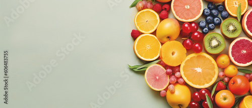 Assortment of fruits on yellow pastel with copy space 