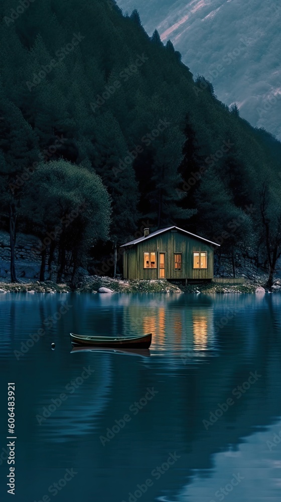 Fototapeta premium Boat on the river. AI generated art illustration.