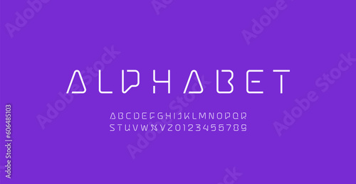 Technical font, digital thin alphabet, trendy Latin letters from A to Z and Arab numbers from 0 to 9 for you ui ux designs, vector illustration 10EPS