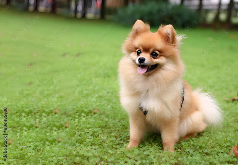 curious little dog sitting on the lawn. copy space on the left