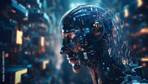 humanoid robot head with circuit board in cyberspace. Generative AI © 인혜 갈