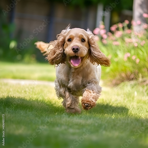 Cane felice che corre e salta attraverso un prato. Ia generativa