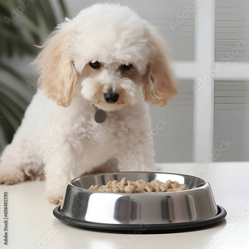 Carino cagnolino sta  guardando piatto con cibo per animali  photo