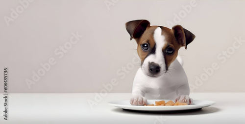 Carino cagnolino sta guardando piatto pieno di cibo per animali su sfondo bianco isolato. Concetto di pubblicità con copi spazio a sinistra photo