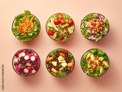 Assortment of salad on pastel background