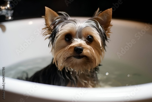 cagnolina di piccola razza bagnato si siede in una vasca da bagno e fa il bagno. photo