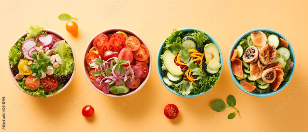 Assortment of salad on pastel background