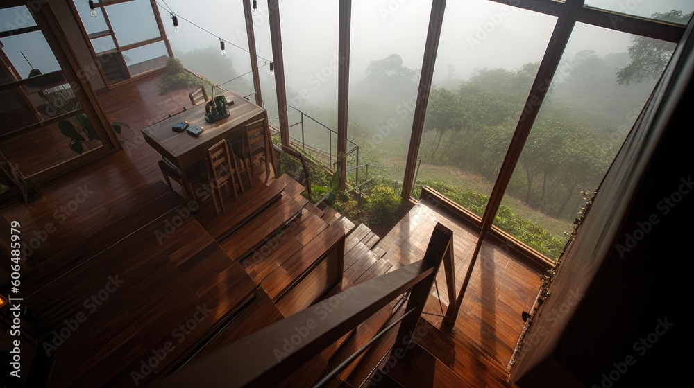 Obraz premium Modern house on the edge of a cliff close to the nature and all of this seen from above, from where one rarely sees it. Generative AI Technology