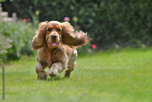 Cane felice che corre e salta attraverso un prato. Concetto di pubblicità con copi spazio a destra