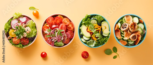 Assortment of salad on pastel background