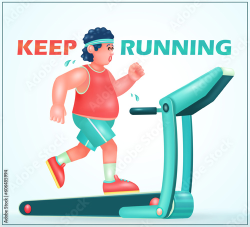 Overweight young man running on a treadmill, boy trying to lose belly fat. 3d vector illustration