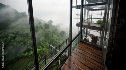 Modern house on the edge of a cliff close to the nature and all of this seen from above  from where one rarely sees it. Generative AI Technology 