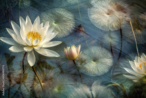 Generative AI illustration showing top view of white blooming fresh and dead water lilies on dirty green pond in daylight photo
