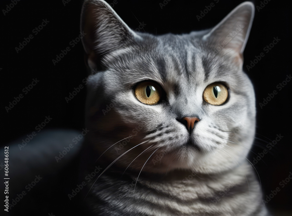 Studio photography of an American shorthair cat on dark background, isolate. Ai generated