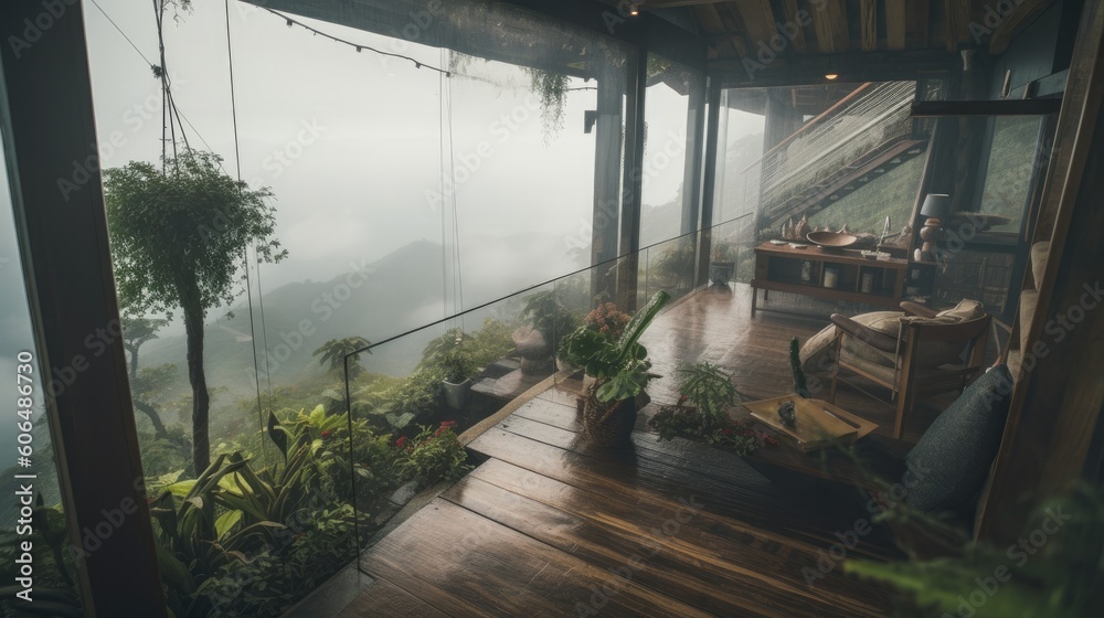 Fototapeta premium Modern house on the edge of a cliff close to the nature and all of this seen from above, from where one rarely sees it. Generative AI Technology