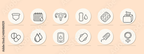 Menstruation icon set. Menstrual cycle, period tracker, feminine hygiene products, menstrual pain relief. Period concept. Pastel color background. Vector line icon for Business