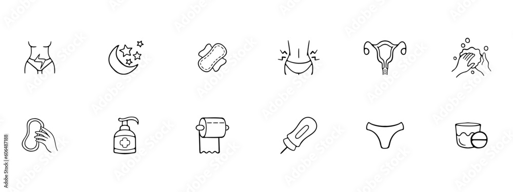Menstruation icon set. Menstrual cycle, period tracker, feminine hygiene products, menstrual pain relief. Period concept. Vector line icon for Business