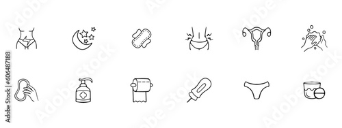 Menstruation icon set. Menstrual cycle, period tracker, feminine hygiene products, menstrual pain relief. Period concept. Vector line icon for Business
