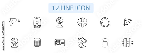 Set of ventilation icons. Airflow, fan, exhaust, ventilation system, air duct. Cooling concept. Pastel color background. Vector 12 line icon for business