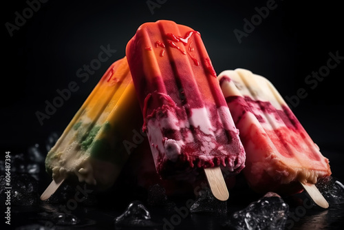 Generative AI illustration of multicolored ice cream bars with mixtures of different flavors of frozen yoghurt on a stick on top of ice cubes photo