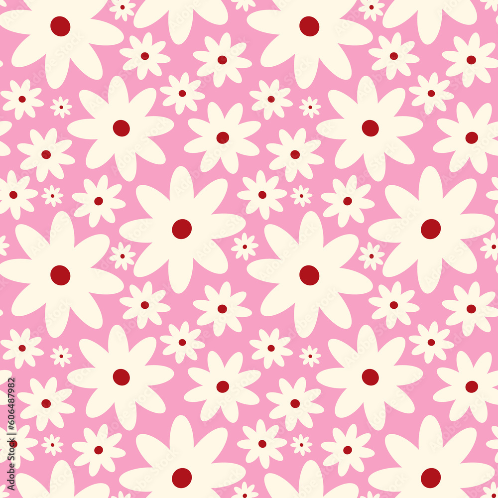 Creative vibrant playful quirky Retro floral pattern in 60s in bright juicy pink and beige colors