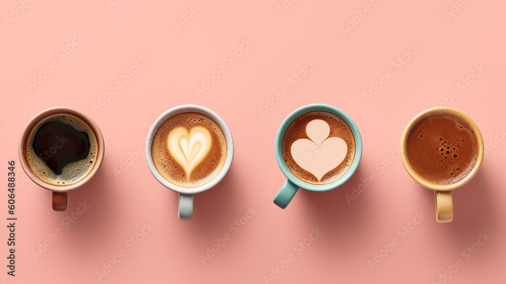 Assortment of coffee in cup on pastel background
