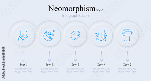 Menstruation icon set. Menstrual cycle, period tracker, feminine hygiene products, menstrual pain relief. Period concept. Neomorphism style. Vector line icon for Business