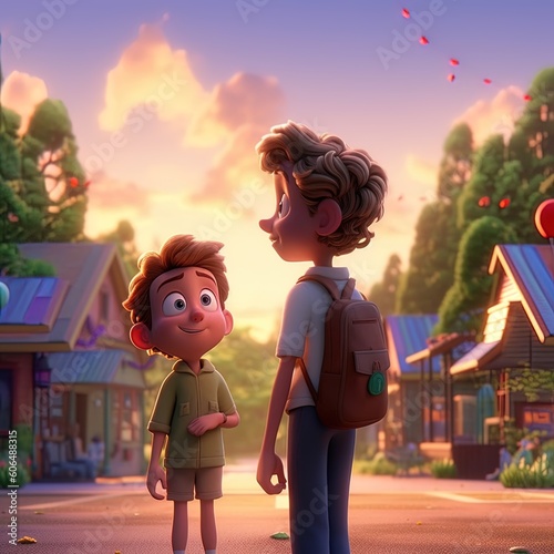 two boys exploring the city, cartoon style, Pixar character photo