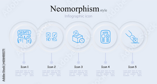 Set of icons representing debates in voting. Symbolic representation of discussions, Arguments concept. Neomorphism style. Vector line icon for Business