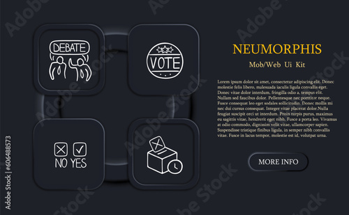 Set of icons representing debates in voting. Symbolic representation of discussions, Arguments concept. Neomorphism style. Vector line icon for Business