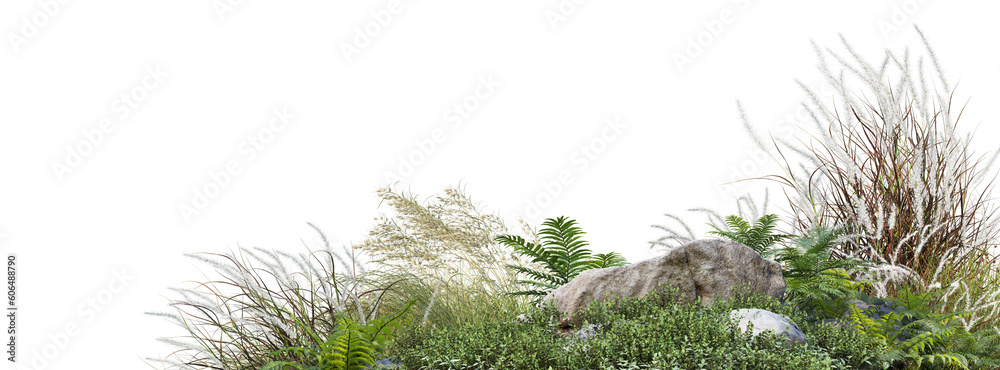 Fototapeta premium A small garden foreground with many plants and grasses on a transparent background.