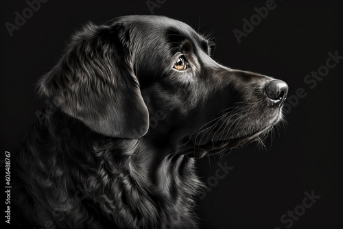Close up of black dog's face with black background. Generative AI.