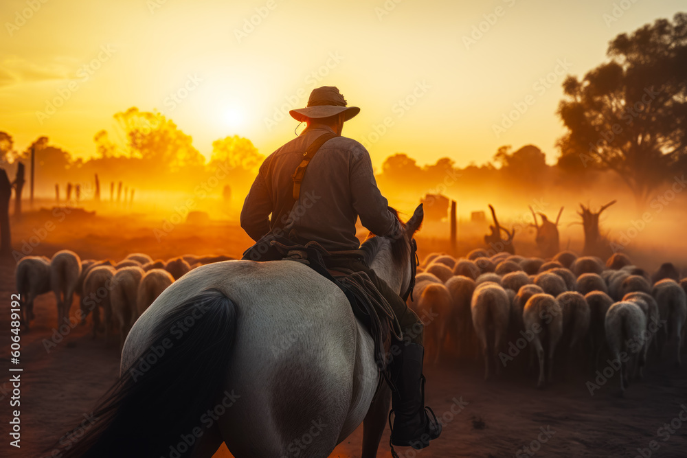 Man riding on the back of white horse next to herd of sheep. Generative AI.