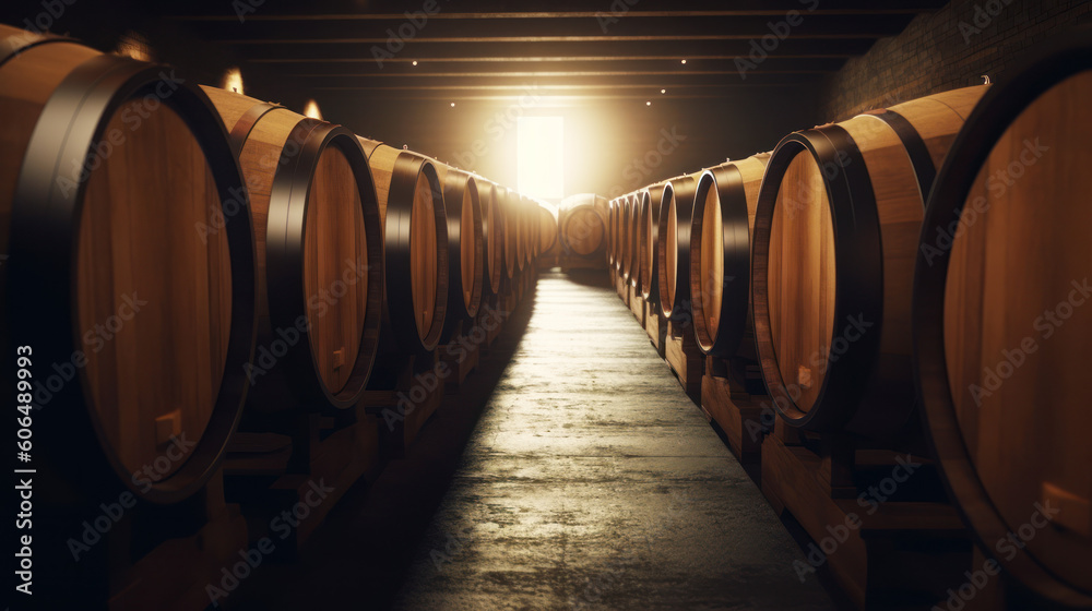 Row of wine barrels sitting in room with sunlight coming through the window. Generative AI.
