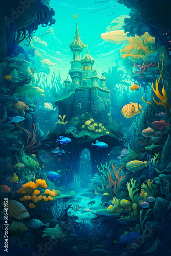 Image of castle in the middle of sea with lots of fish. Generative AI. © valentyn640