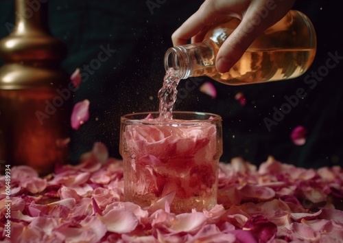 rosewater being poured into a bottle with rose petals for measurement photo