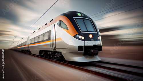 Super fast Train automobile concept design with fire. Luxury speed race Train automotive concept with flames. High speed modern Train with motion blur background Ai generated image