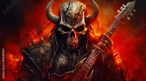 Skull with horns holding guitar in front of red fire background. Generative AI.