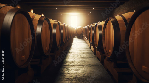 Row of wine barrels sitting in room with sunlight coming through the window. Generative AI.