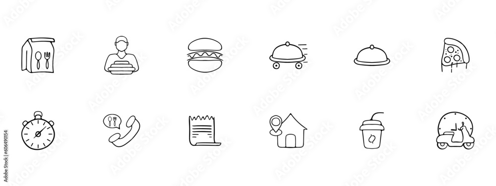 Food delivery icon set. Delivery person, food package, restaurant, online ordering. Fast delivery concept. Vector line icon for Business