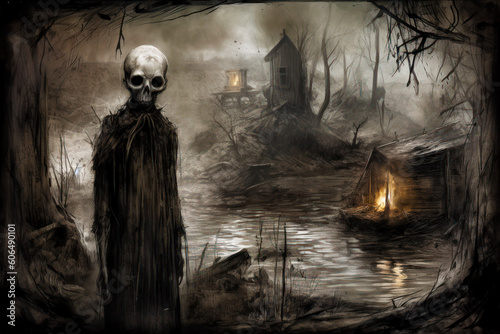 Image of skeleton standing in front of lake with house in the background. Generative AI.