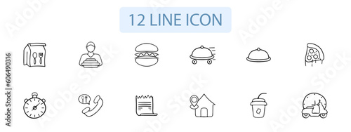 Food delivery icon set. Delivery person, food package, restaurant, online ordering. Fast delivery concept. Vector 12 line icon