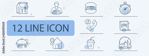 Food delivery icon set. Delivery person, food package, restaurant, online ordering, fast delivery. Contactless delivery concept. Vector 12 line icon