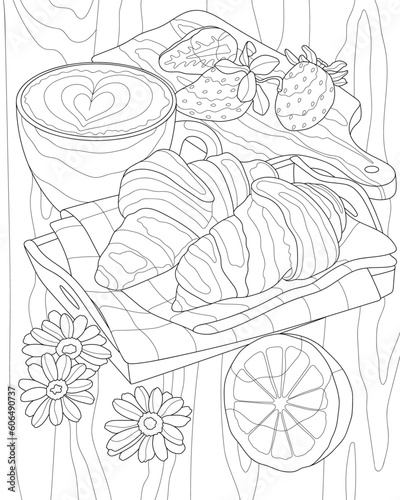 Croissants and coffee on the table. Coloring book for adults.