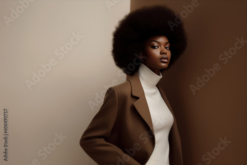 Generative AI illustration portrait of beautiful Afro woman posing in a studio photo