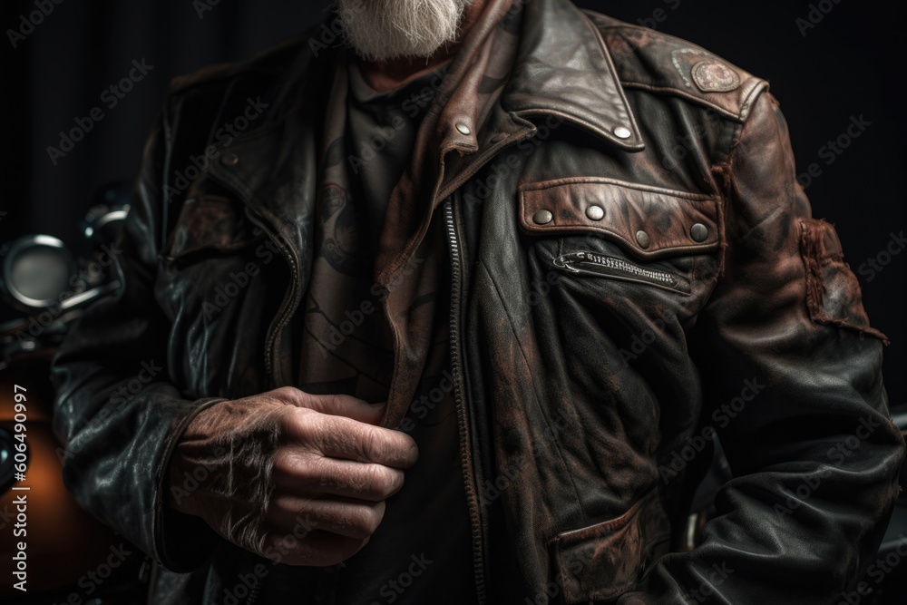 Generative AI illustration of crop anonymous bearded male in leather jacket standing against dark background with hand on shirt Generative AI illustration of crop anonymous bearded male in leather jacket standing against dark background with hand on shirt