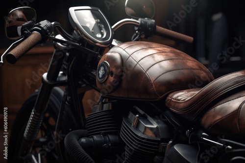 Generative AI illustration of modern motorcycle with leather seat cover in closeup view parked on dark background in city photo