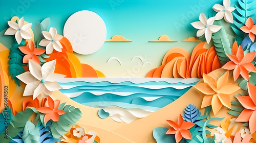 Summer paper and cutout style background. Beach with palm trees, birds flying, sun, tropical plants and flowers. Generative ai.