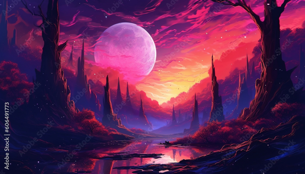 A Lone Moon lit up by nature, in the style of synth wave, light amber and magenta, elaborate landscapes, light indigo and amber A Lone Moon lit up by nature, in the style of synth wave, light amber and magenta, elaborate landscapes, light indigo and amber